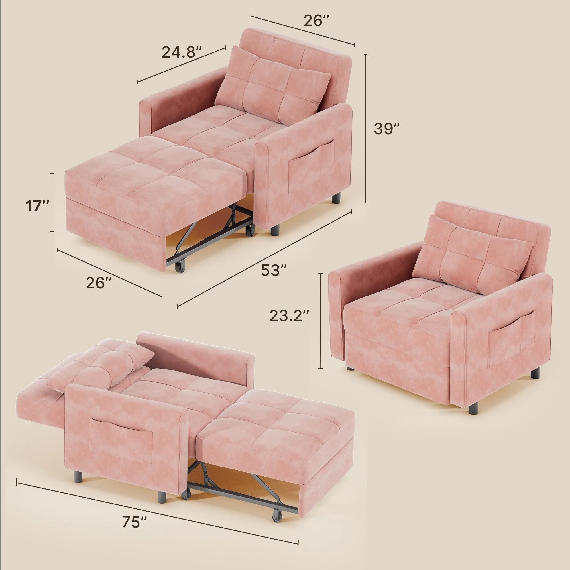 3-in-1 Adjustable Sleeper Sofa Bed, Pull Out Chair Sofa, Convertible Folding Bed for Living Room