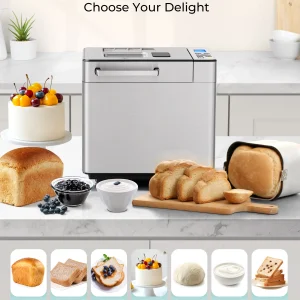 Simzlife 25-in-1 Bread Maker Machine, 2LB Capacity for Dough & Bread with Automatic Fruit and Nut Dispenser, Stainless Steel Construction