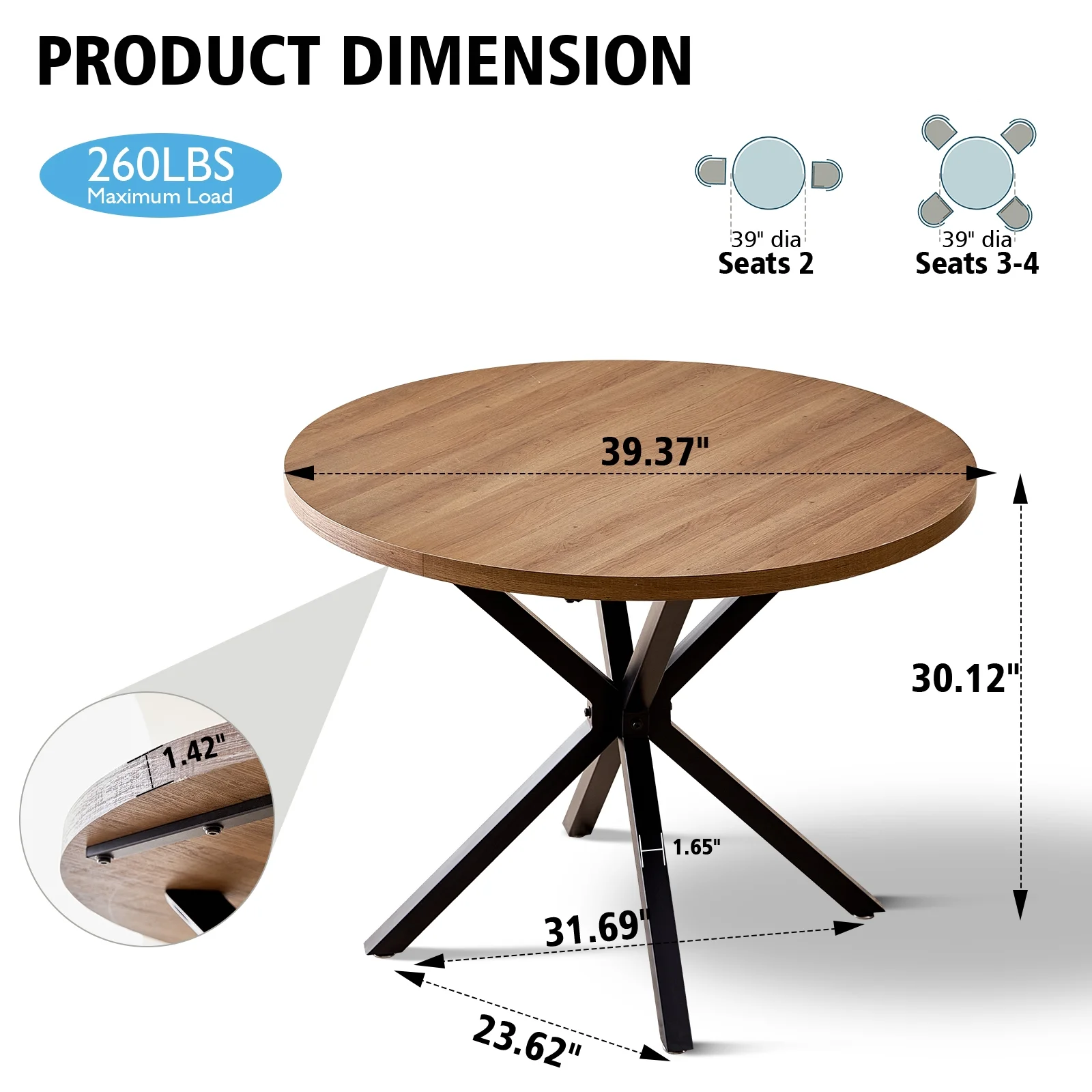 39- Round Dining Table, Modern Small Kitchen Table for 4 with X-Shaped Metal Legs and 1.2" Thickness Tabletop for Kitchen Dining Room, Coffee Table, Oak