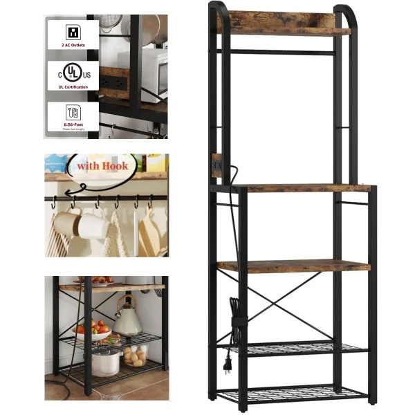 Zzistar Bakers Rack with Power Outlet, Microwave Stand Coffee Bar Table Station with Metal Wire Panel, Kitchen Storage Rack with 8 Hooks