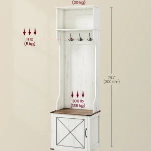 Farmhouse-Inspired Entryway Organizer, Triple Hooks & Built-In Shoe Bench, Hall Tree Entryway Bench for Mudroom & Foyer, Space-Saving Coat Rack with Storage Cabinet, Rustic White and Honey Brown