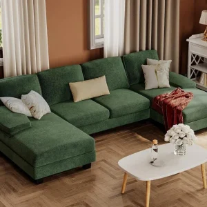 Furmax Sectional Couches for Living Room, U-Shaped Sofa Couch with Linen Fabric, 4 Seat Sofa Set with Double Chaise for Apartment (Fabric, Grey)