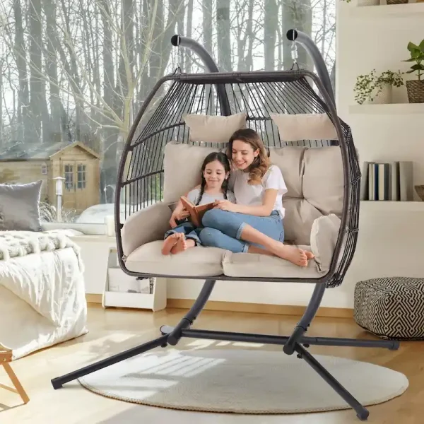 Outdoor Swing Loveseat with Stand, Foldable Hanging Chair, Hammock Cushion, and Awning, Double Egg Chair - Beige