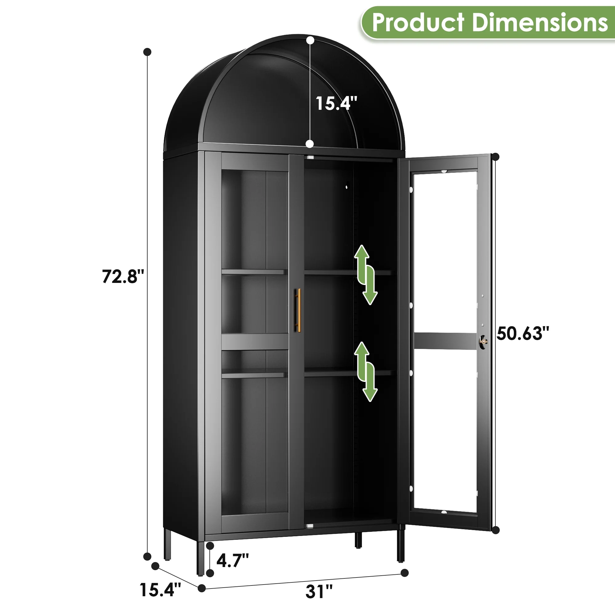 SUXXAN Metal Arched Storage Display Lockable Cabinets with Glass Doors and Adjustable Shelves, Assembly Required, Black