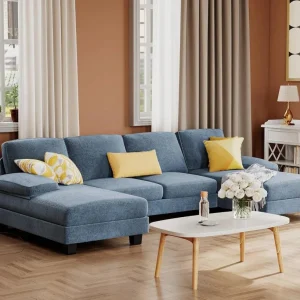 Furmax Sectional Couches for Living Room, U-Shaped Sofa Couch with Linen Fabric, 4 Seat Sofa Set with Double Chaise for Apartment (Fabric, Grey)