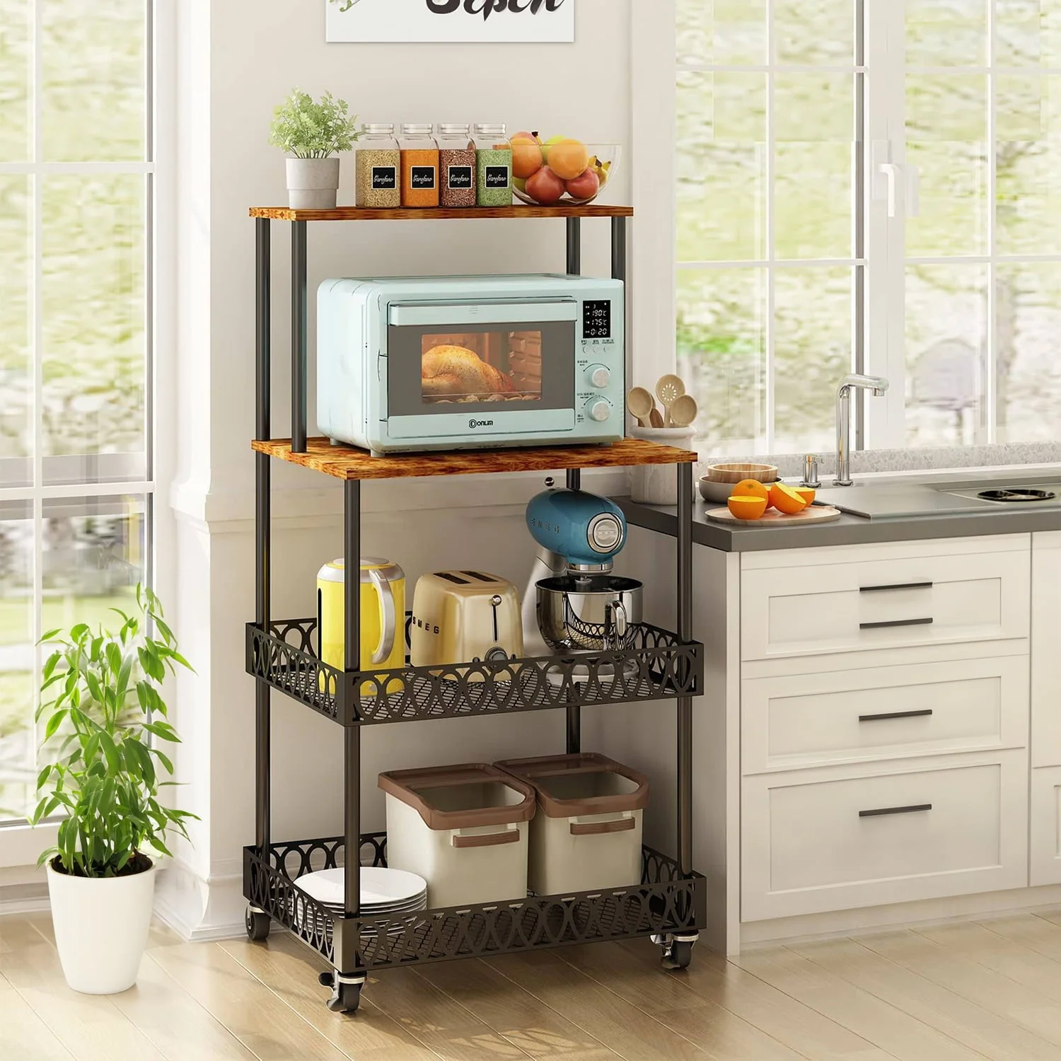 BATE 4-Tier Kitchen Storage Baker's Rack 48 inch Microwave Oven Rack Shelves Kitchen Storage Organizer with Metal Wheels