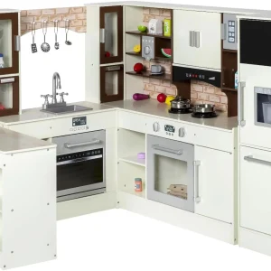 BRINJOY Kids Modular Wooden Kitchen Playset with Light & Sound, Corner Kitchen, Fridge & Storage – Perfect Gift for Toddlers