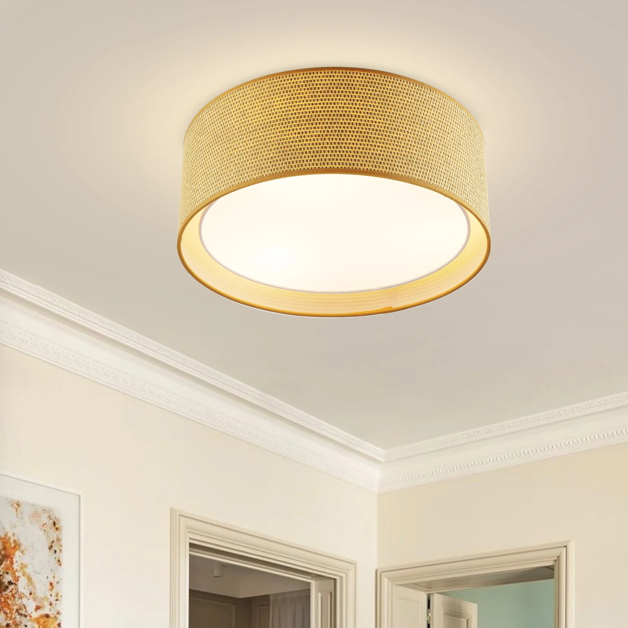 LEDET 15.7 in. Yellow Flush Mount Ceiling Light Rattan Weaving Shade Home Decor Pendant Lighting