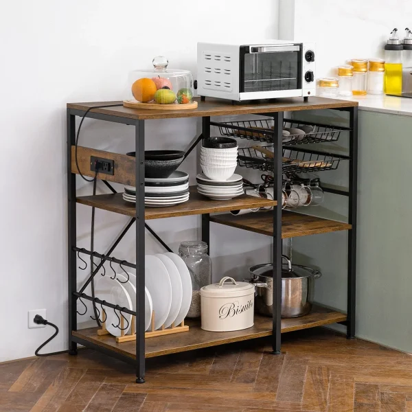 Dinaza Baker's Rack with Power Outlet 4 Tier Microwave Stand with Kitchen Storage Shelf Rack Mug Holder 10 S-Shaped Hooks for Kitchen Living Room Coffee Bar Station