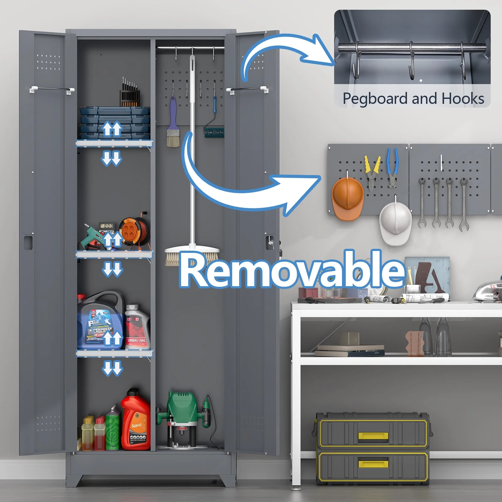 Marcree Broom Closet Storage Cabinet with Lock,65" Tall Garage Storage Cabinet with Hanging Rod,Multifunctional Garage Storage Broom Closet with Doors,Cleaning Tool Cabinet