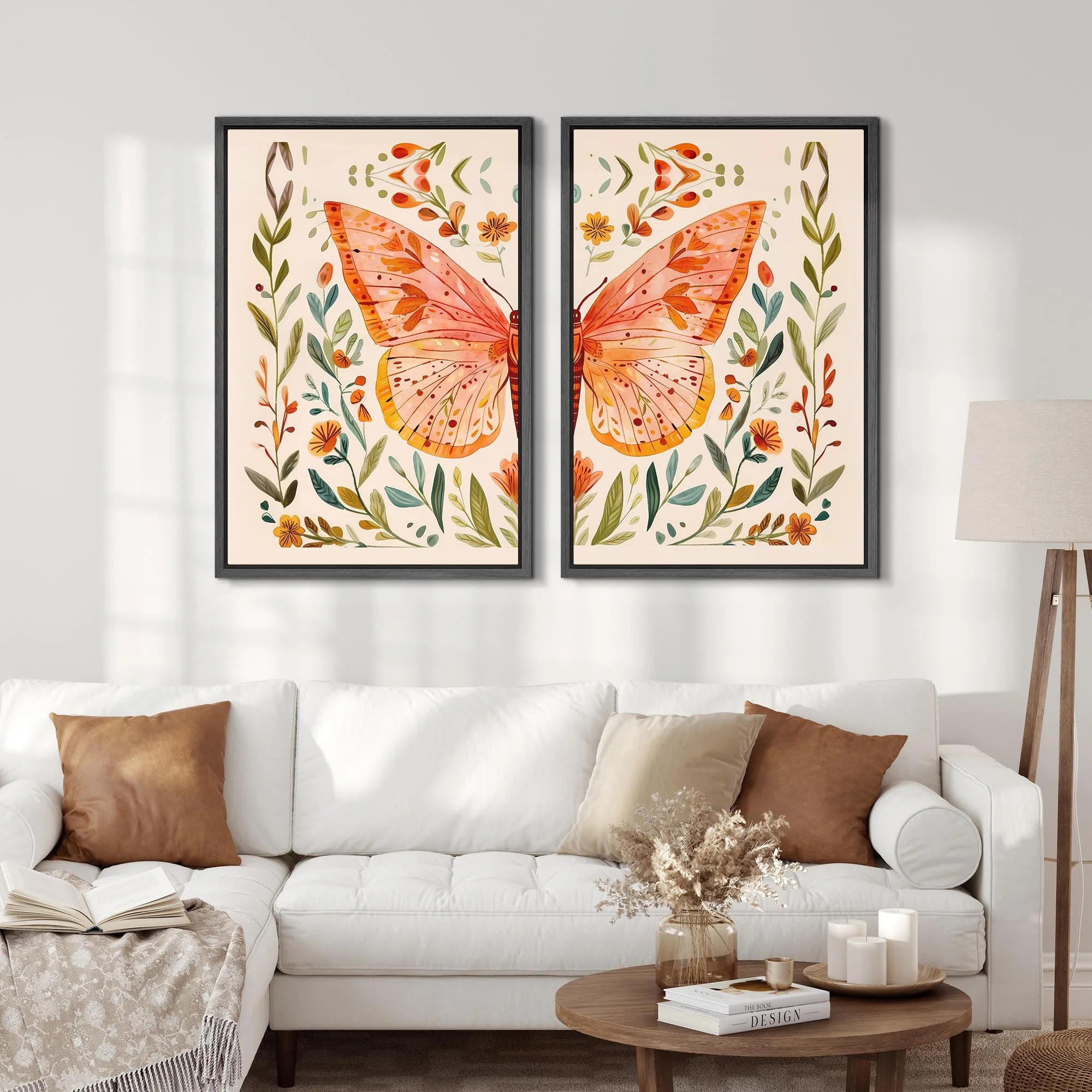 IDEA4WALL Framed Canvas Print Wall Art Set Whimsical Butterfly and Florals Illustration Abstract Botanical Boho Modern Art Wall Decor Colorful Chic Artwork for Home Decor - Natural 24"x36"x2
