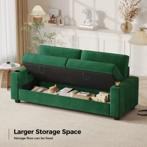 87-Large Loveseat Sofa, 3 Seater Couch with Storage, Velvet Fabric Deep Seat Sofa with Pillow& Cup Holders, Modern Comfy Sofa with USB& Type-C Ports, Home Sofa Couch for Living Room Bedroom