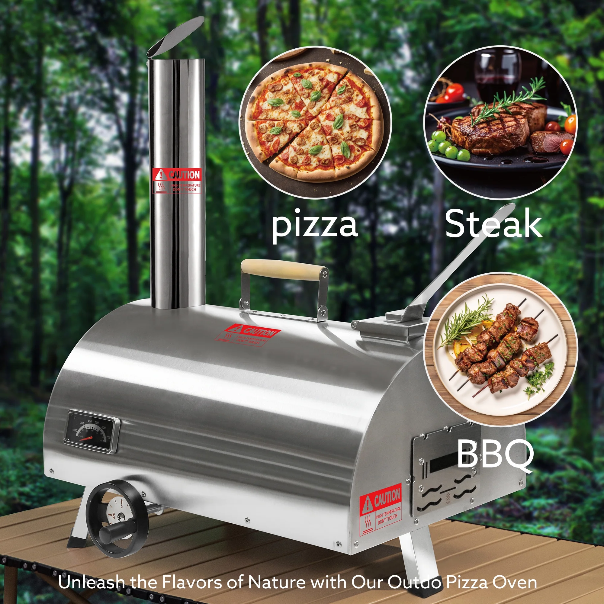 BBQ Utensils Silver Pizza Oven Outdoor 12" Semi-Automatic Rotatable Pizza Ovens Portable Stainless Steel Wood Fired Pizza Oven Pizza Maker with Built-in Thermometer Pizza Cutter Carry Bag,Outdoor Gri