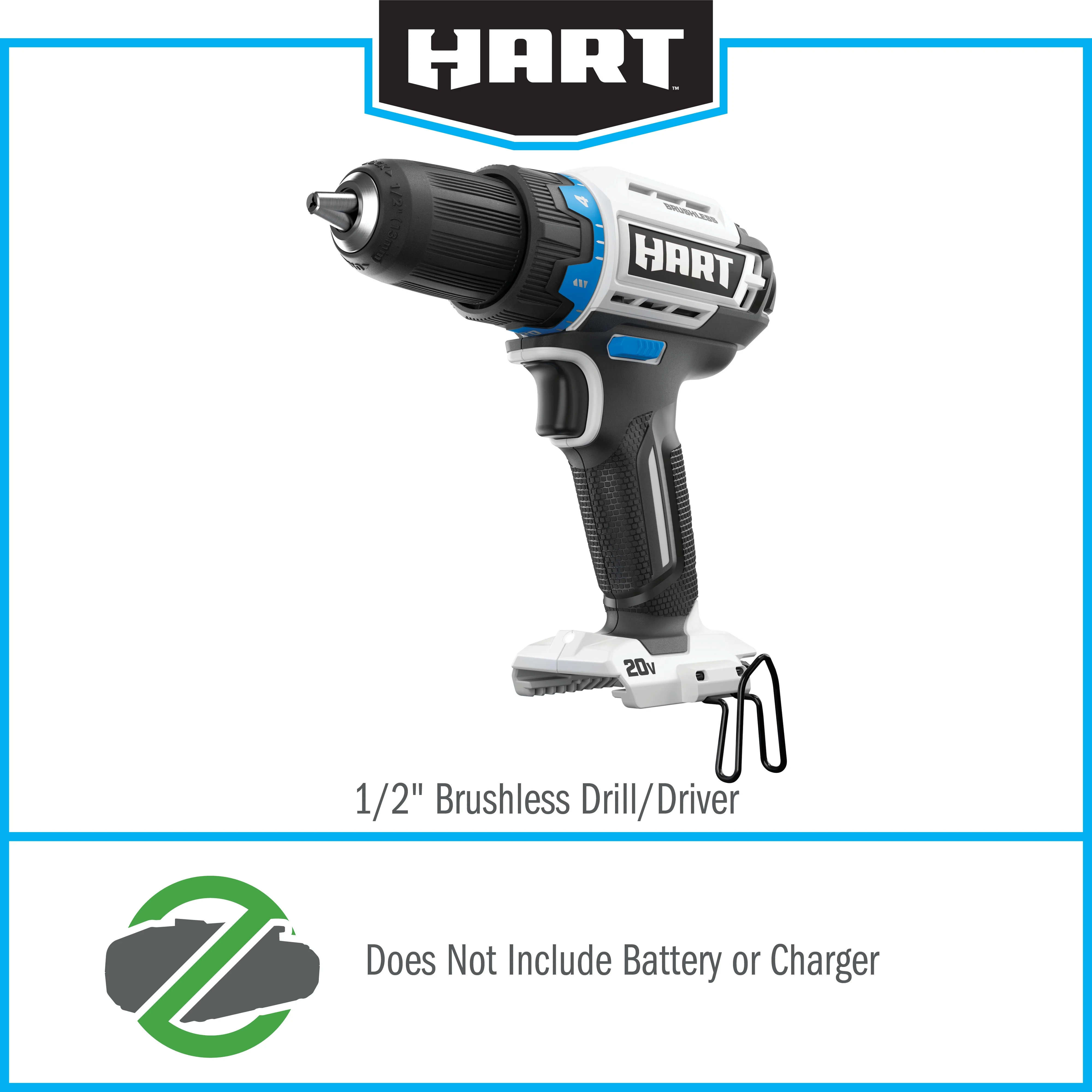 HART 20-Volt Cordless Brushless 1/2-inch Drill/Driver Kit and 10-inch Storage Bag (1) 2Ah Lithium-Ion Battery