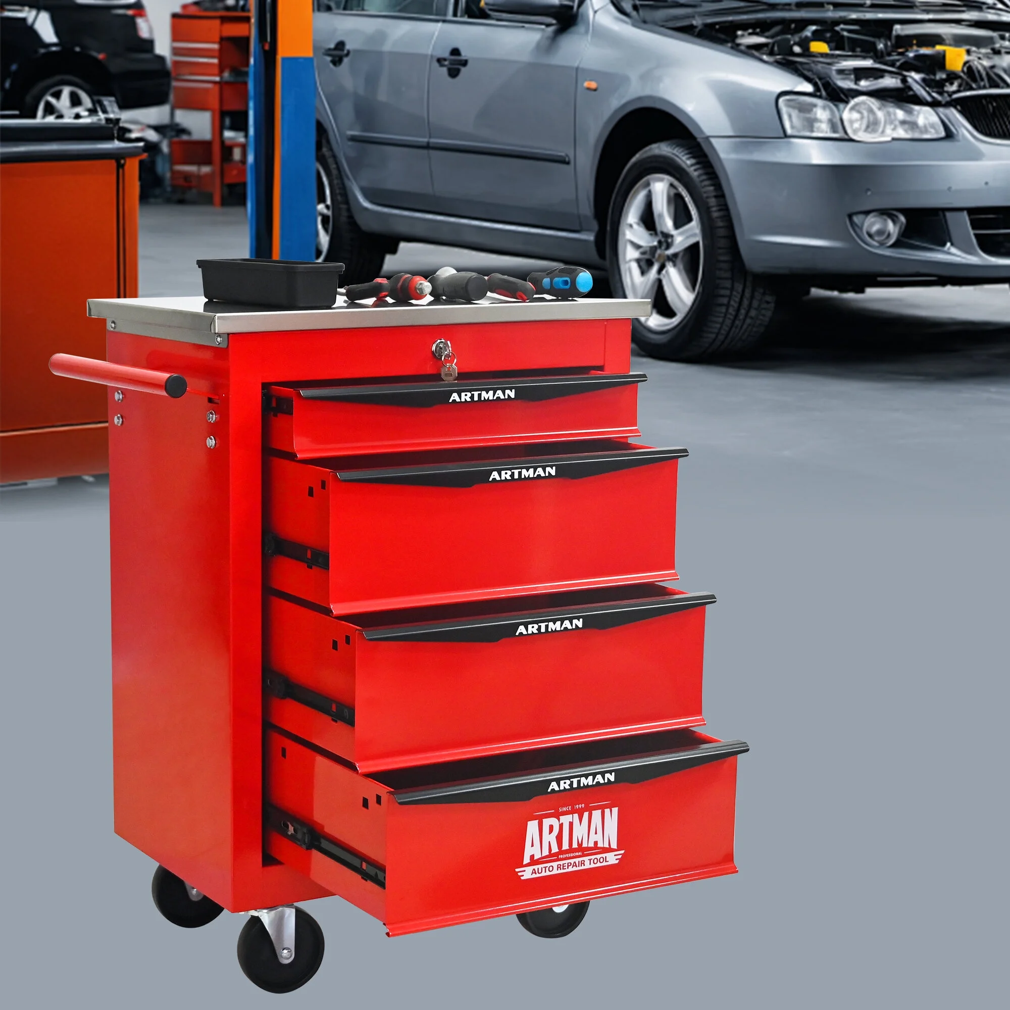 Tool Cabinets 4 Drawers Multifunctional Tool Cart with Wheels,Metal Rolling Tool Cart Storage for Garage Workshop Warehouse Repair Shop--With Stainless Steel Roof- Red&Black,Garage Tool Cabinets