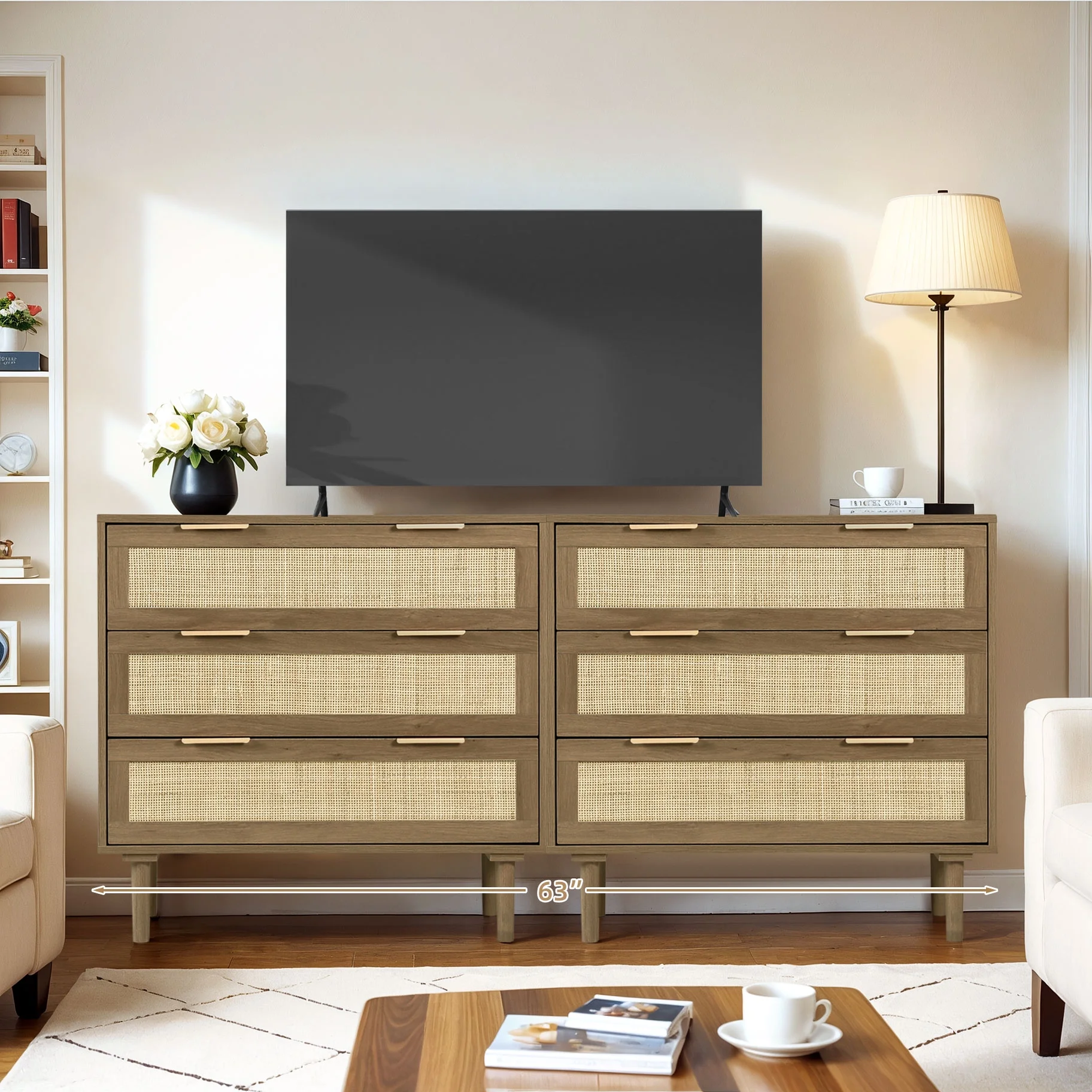 LAZZO 3 Modern Drawer Dresser Rattan, Wooden Dresser Chest of Large Storage Cabinet