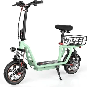 iScooter electric scooter with seat, 37/21 mile range, 28/19/15.6 mph top speed, dual suspension scooter with basket