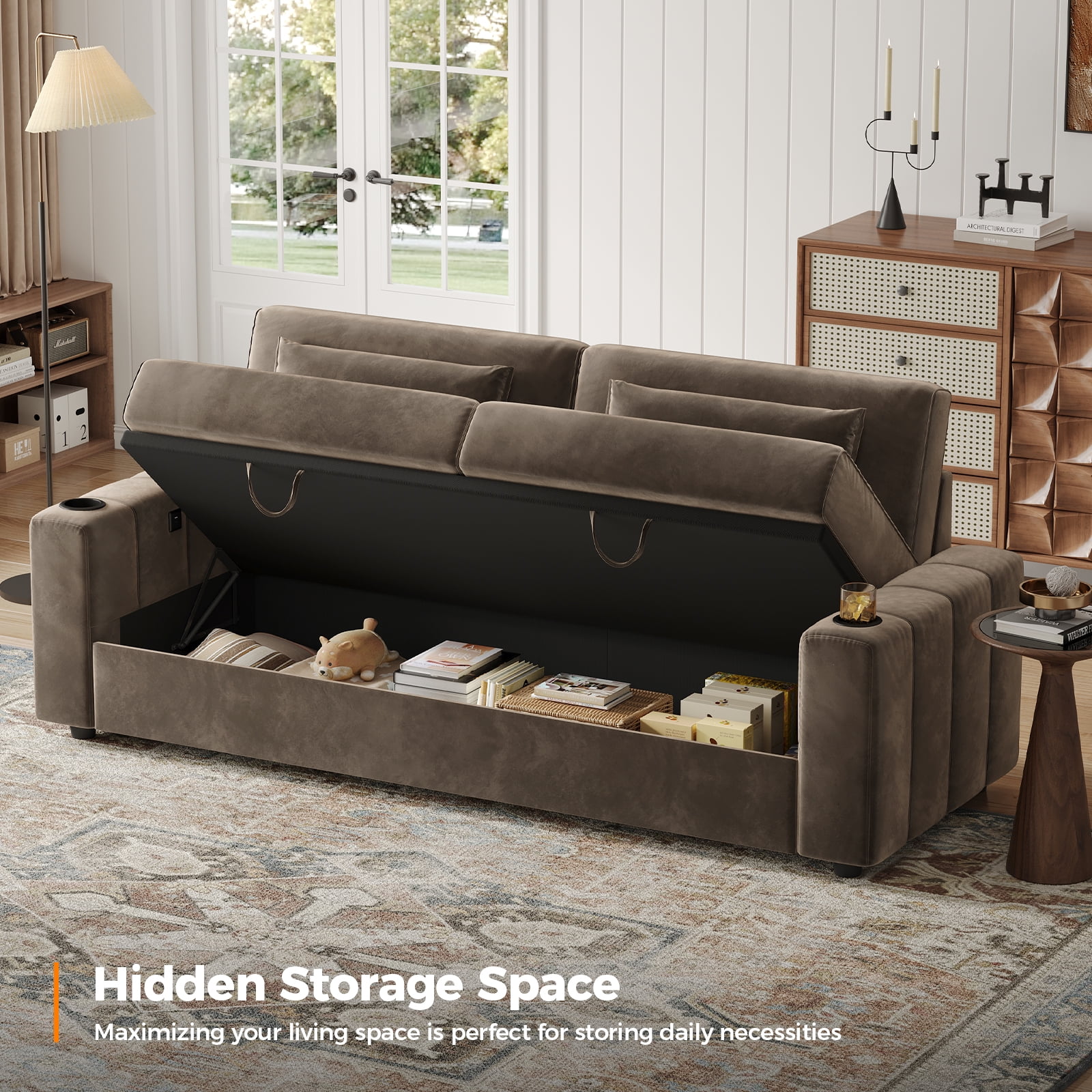 87-Large Loveseat Sofa, 3 Seater Couch with Storage, Velvet Fabric Deep Seat Sofa with Pillow& Cup Holders, Modern Comfy Sofa with USB& Type-C Ports, Home Sofa Couch for Living Room Bedroom
