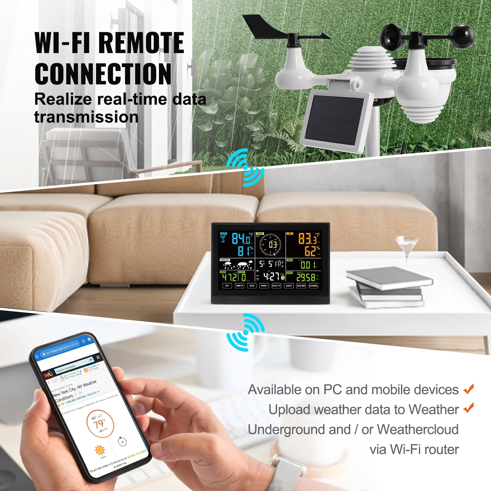 BENTISM 7 in 1 Wi-Fi Wireless Weather Station, for Indoor and Outdoor Temperature and Humidity, Wind Speed/Direction, Rainfall, with Built-in Barometer and 7.5in Digital Color Display