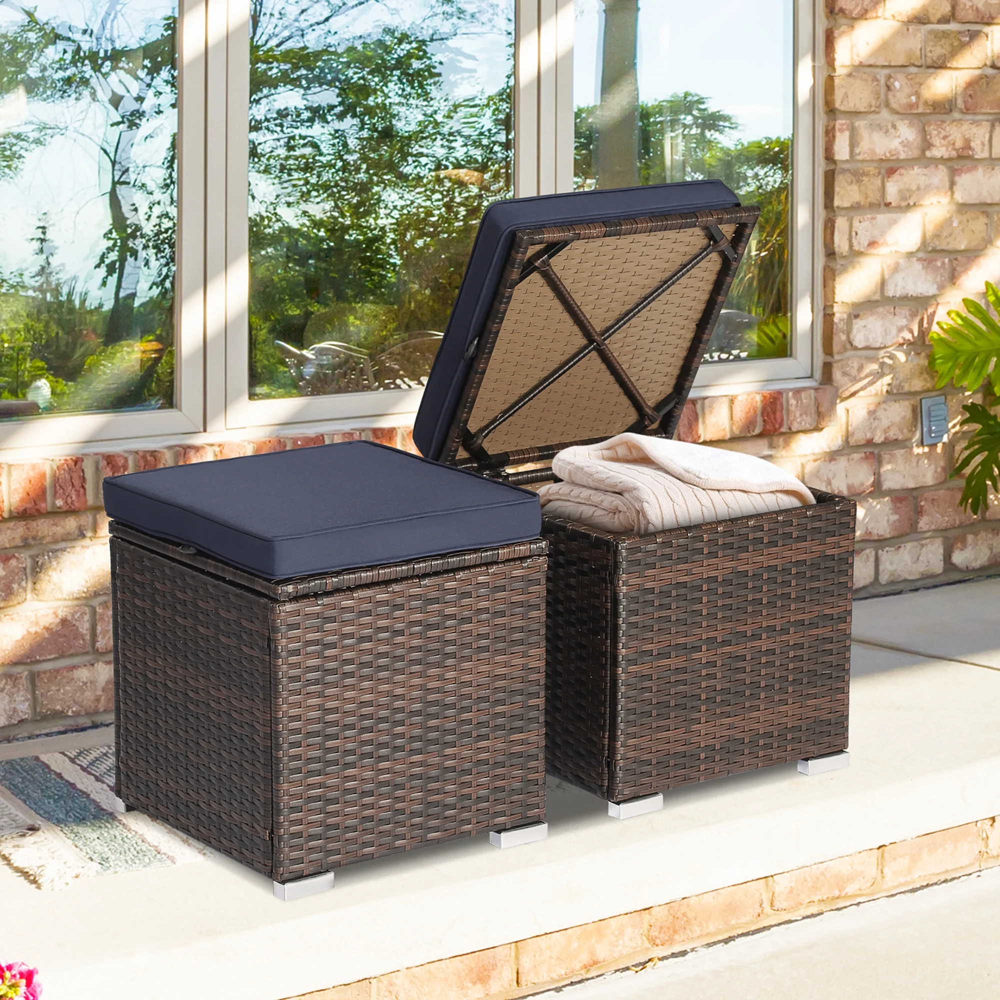 Costway 2PC Patio Rattan Ottoman Seat Side Table Storage Box Footrest Off White