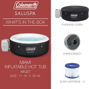Coleman SaluSpa Miami AirJet 2 to 4 Person Round Inflatable Hot Tub Portable Outdoor Spa with 120 Soothing AirJets and Insulated Cover, Black