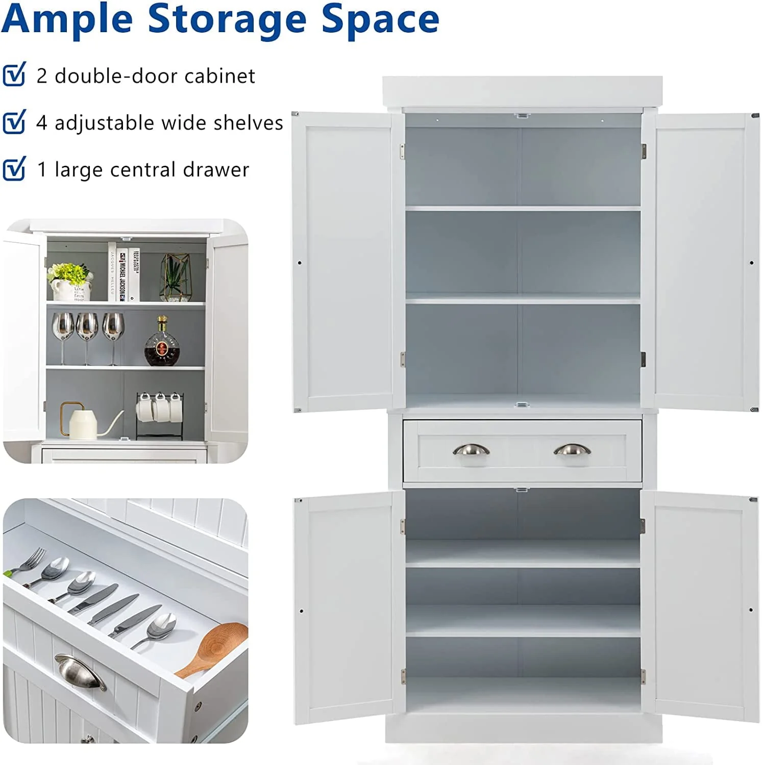 PWFE Kitchen Pantry Storage Cabinet, 72" Traditional Kitchen Pantry Cabinet, 6-Tier Freestanding Buffet Cupboards for Kitchen Storage(White)