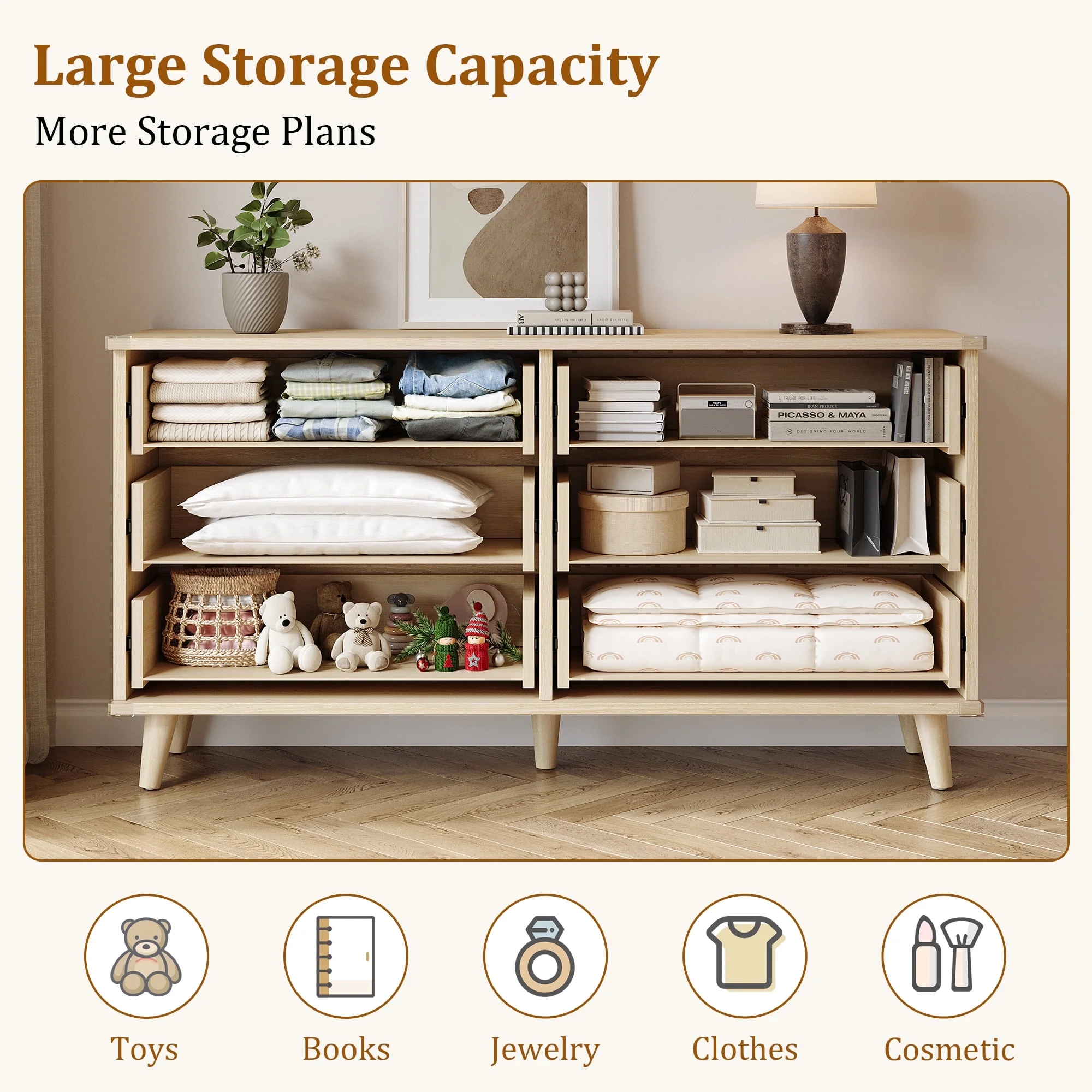 Laintene 3-Piece Boho Bedroom Set - 6-Drawer Dresser & 2 Nightstands with 3 Drawers & USB Charging, Fluted Wooden Storage, Modern Dresser & Nightstand Combo, Natural