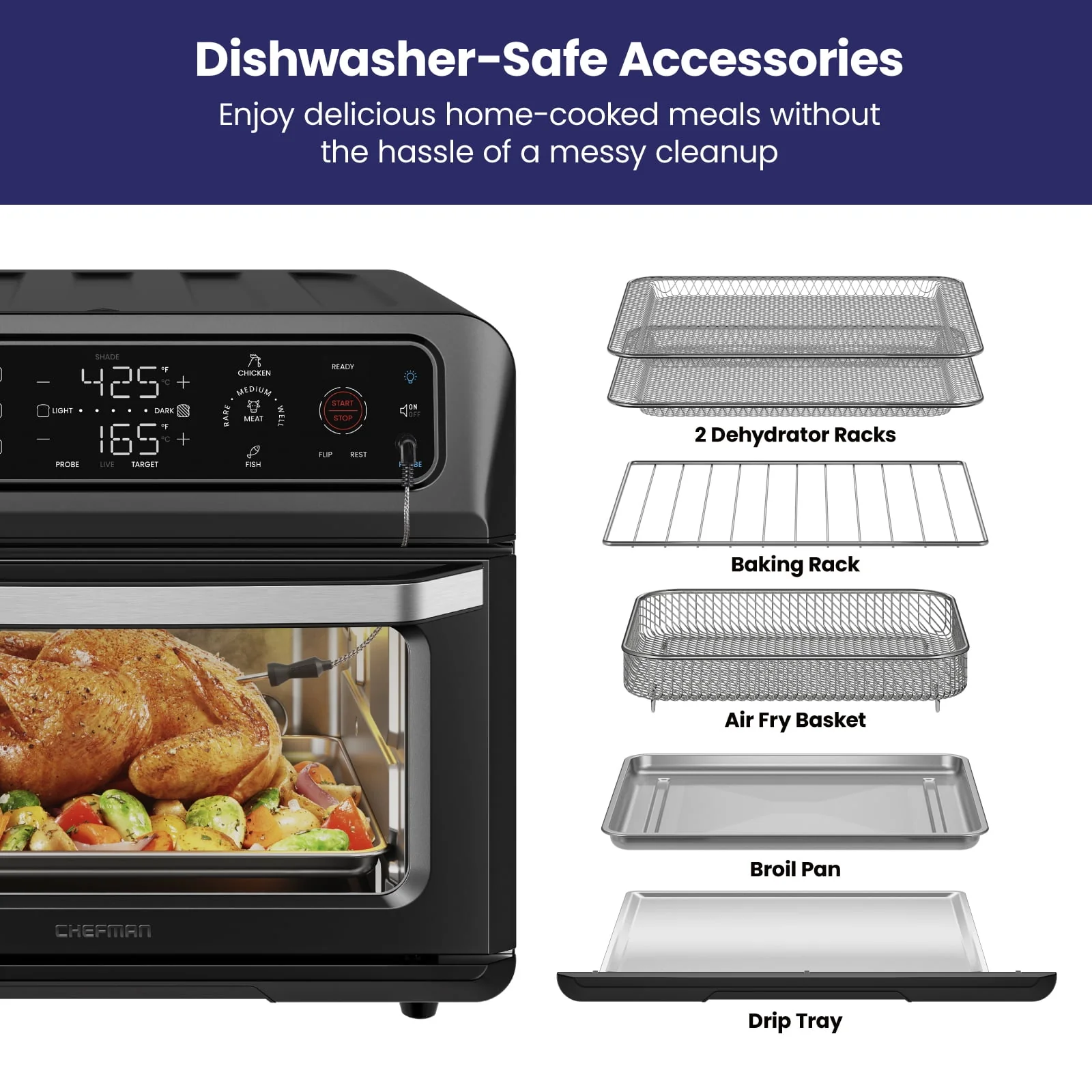 Chefman 12-in-1 Air Fryer Oven Combo w/ Probe Thermometer, 20 qt Capacity, Black Stainless Steel