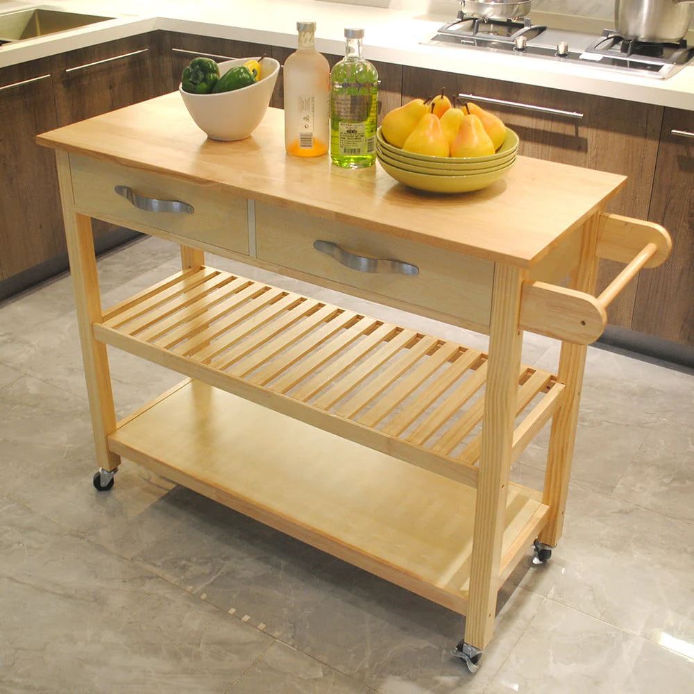 Visentor Kitchen Island Cart with Lockable Wheels, 3 Tier Rolling Utility Kitchen Storage Carts Table with 2 Drawers, 2 Shelves & Towel Rack, 45 Inch, Natural