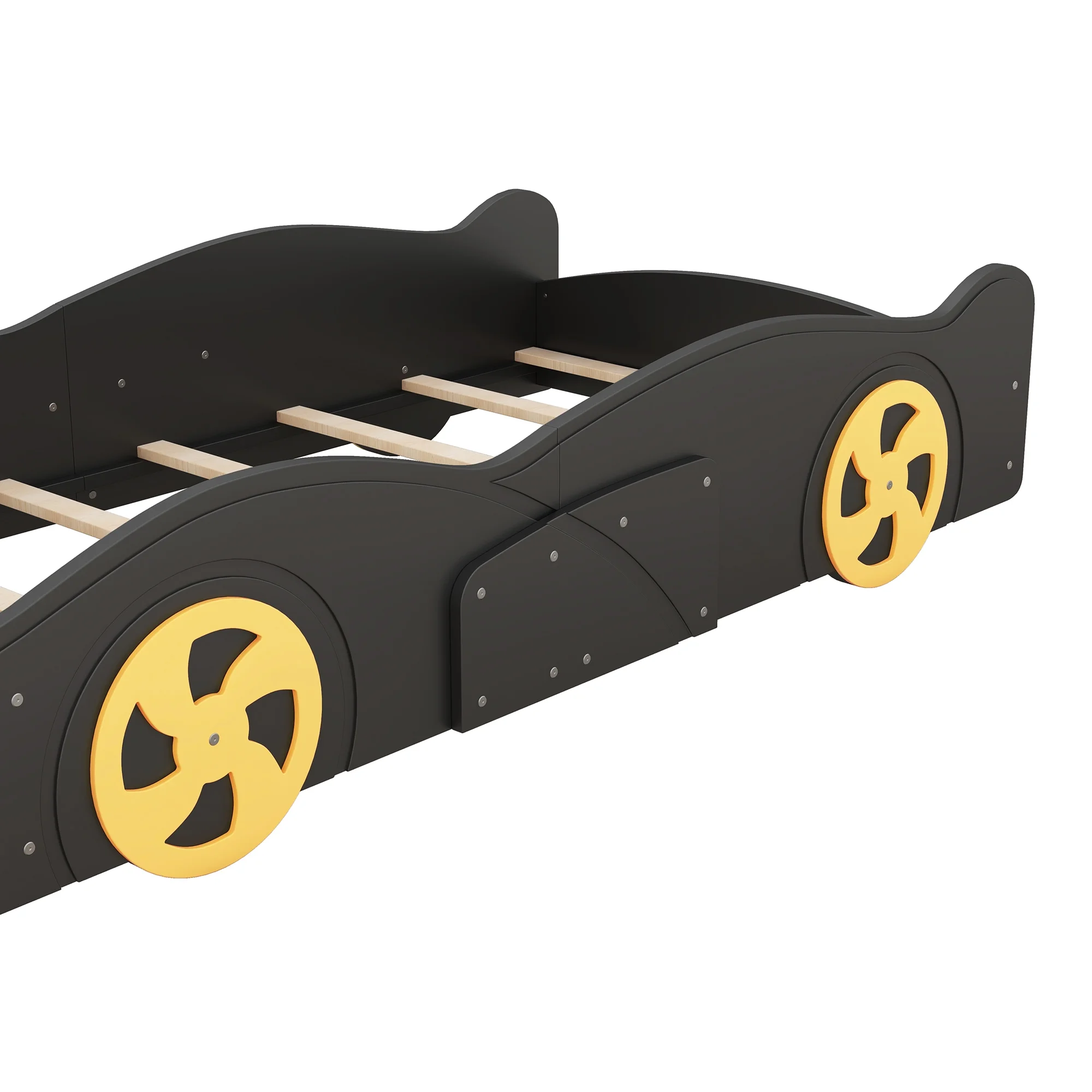 Euroco Car-Shaped Twin Size Platform Bed with Tires and Storage Cabinet for Kids Bedroom, Black