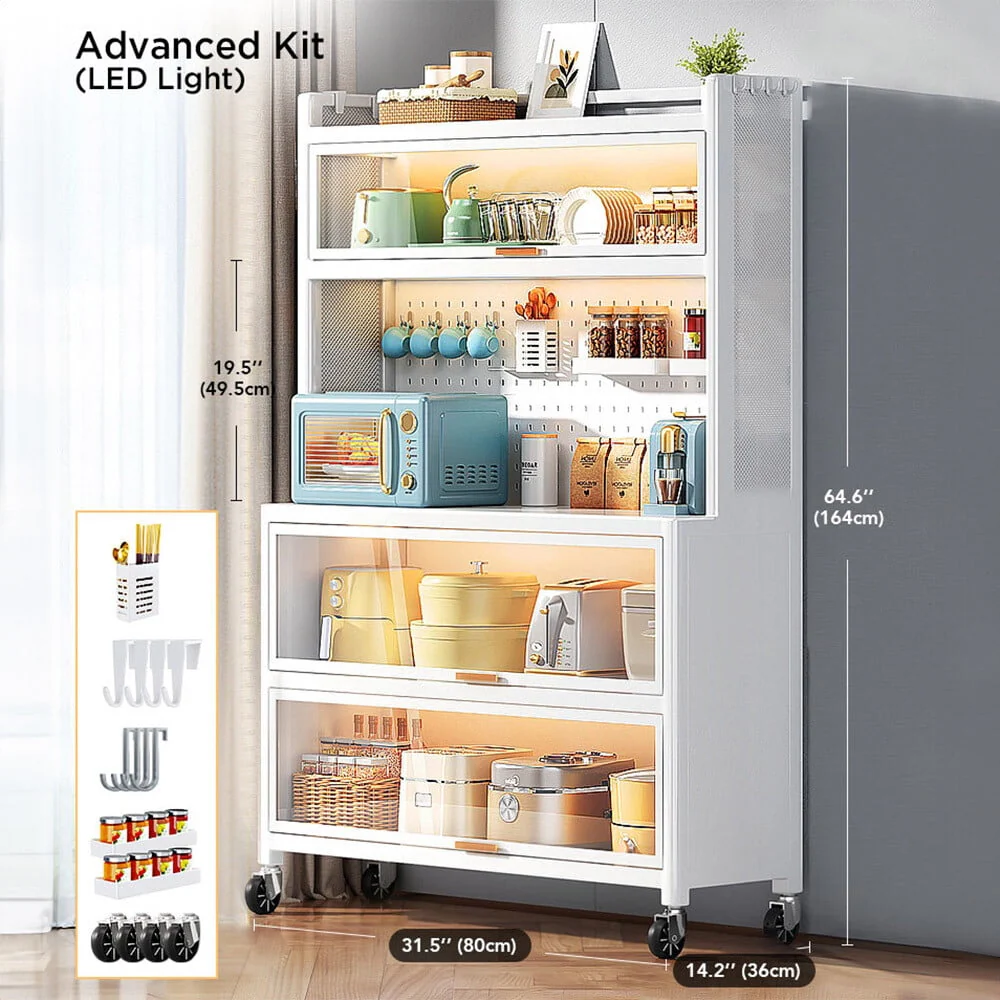 Kitchen Storage Rack, Microwave Stand with Flip Door and Pegboard, Large Kitchen Storage Shelves with Wheels & 8 Hooks, Free Standing Kitchen Bakers Rack for Garage Pantry Kitchen Home White