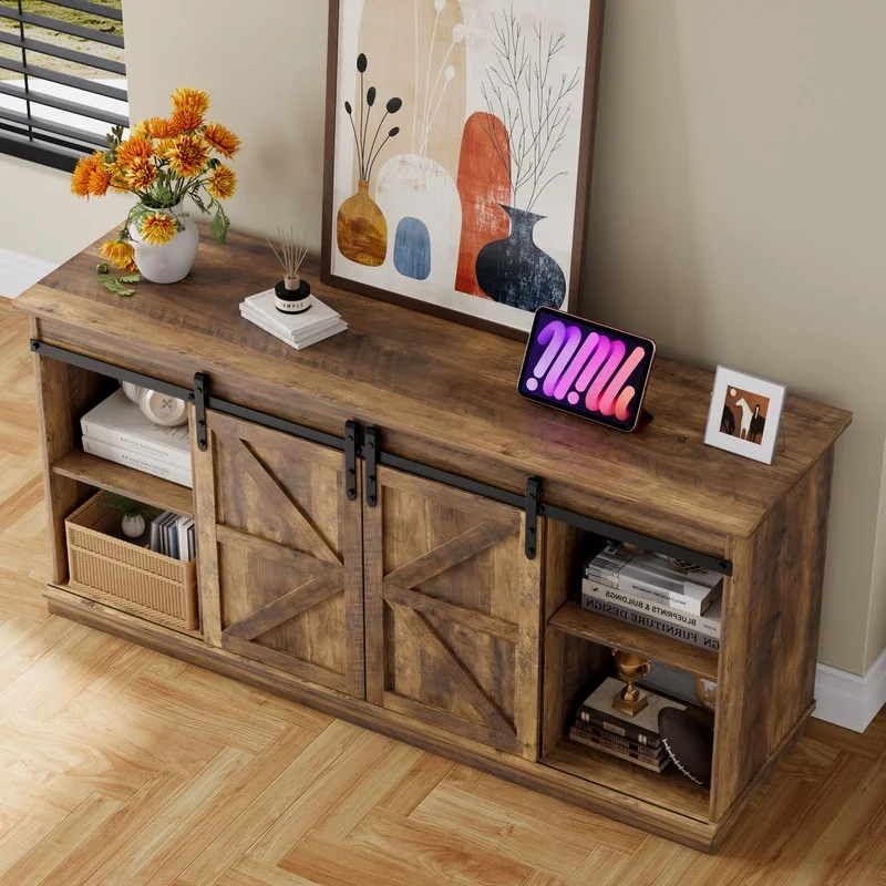 Furmax 65 inch TV Stand Entertainment Center with Sliding Barn Doors and Storage,White