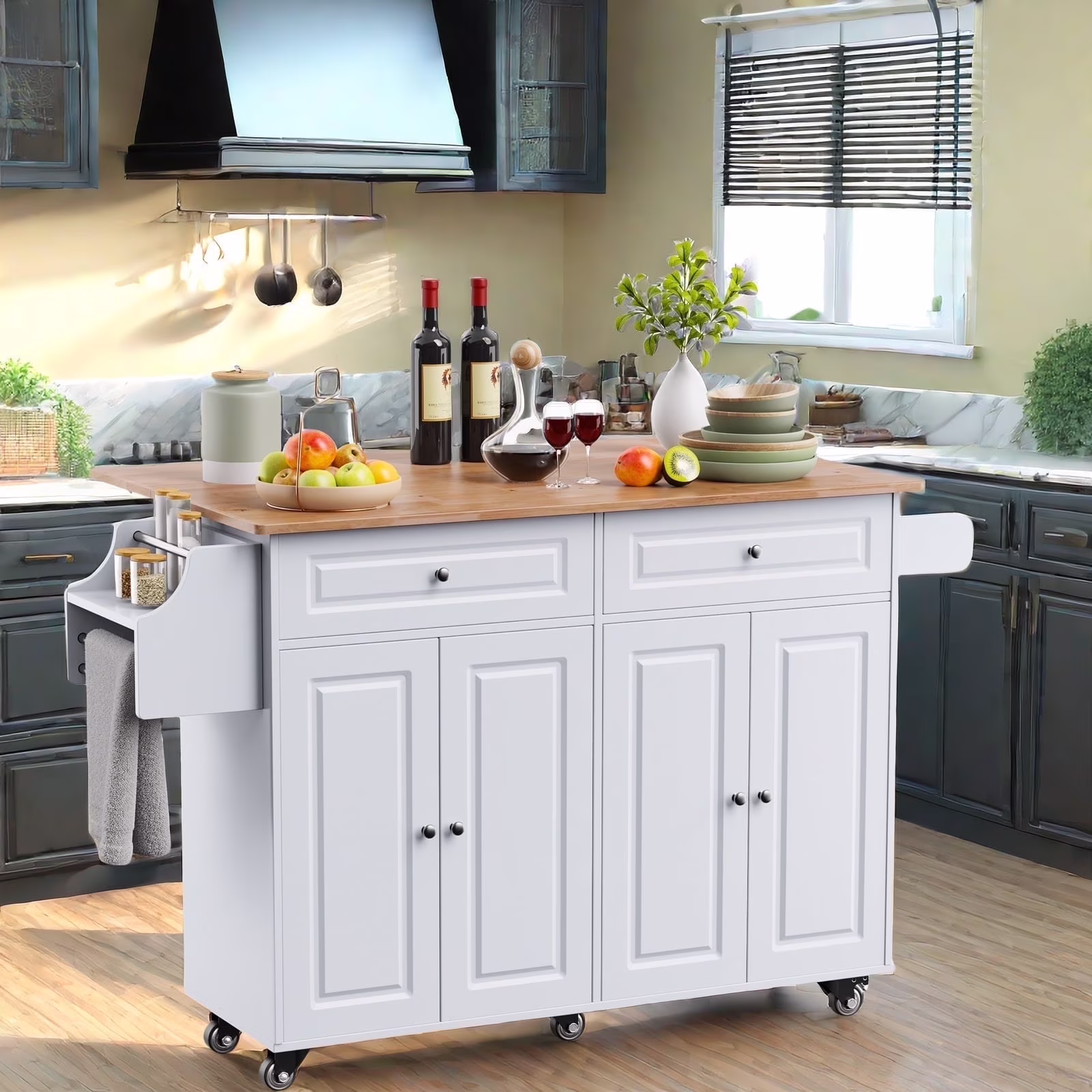 Lofka 52-Inch Kitchen Island with Storage on Wheels with Wood Drop Leaf, Ideal for Small Kitchens