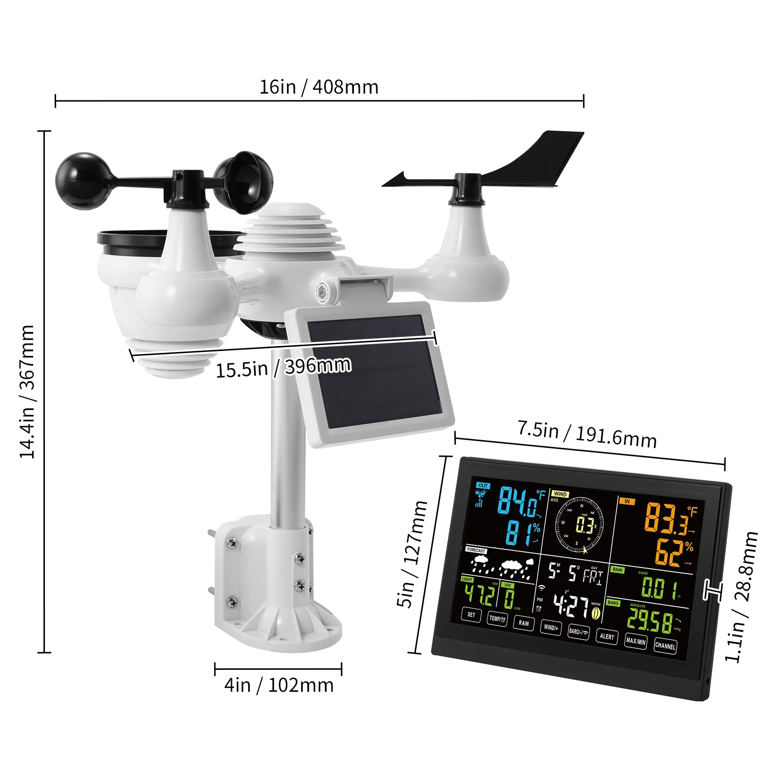 BENTISM 7 in 1 Wi-Fi Wireless Weather Station, for Indoor and Outdoor Temperature and Humidity, Wind Speed/Direction, Rainfall, with Built-in Barometer and 7.5in Digital Color Display