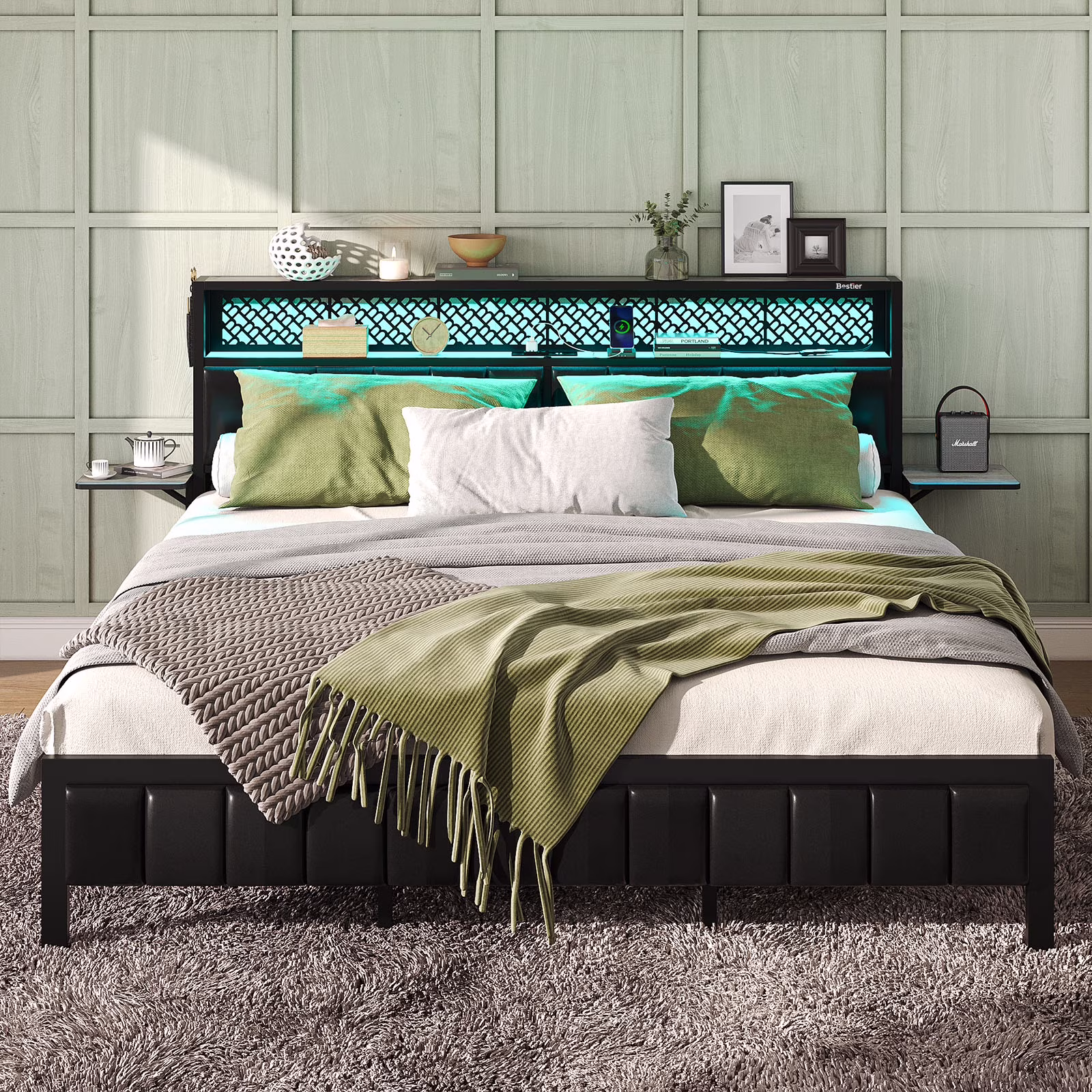 Bestier Queen Size Platform Bed Frame with Wood Foldable Bedside Shelves and LED Storage Headboard Charge Station, Gray