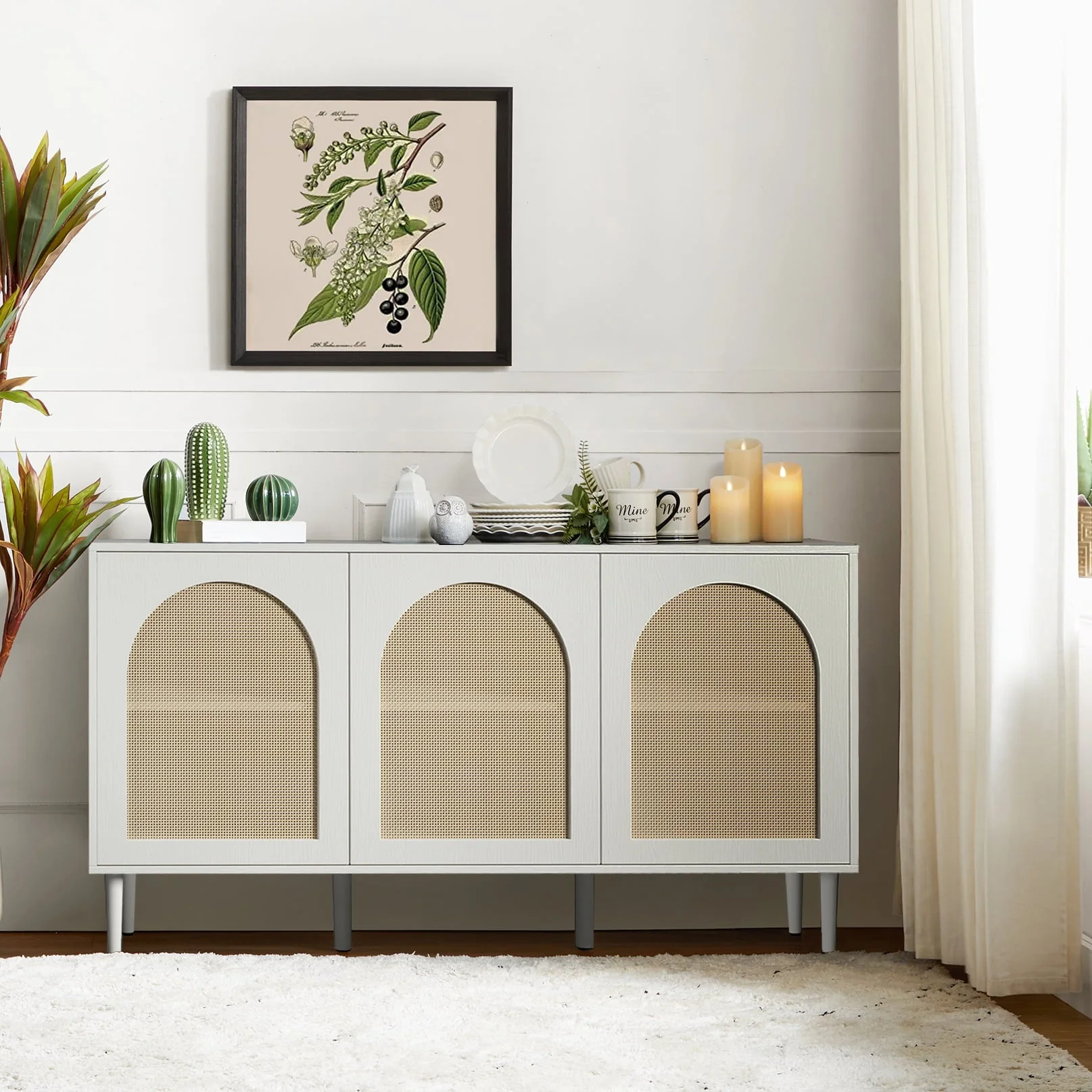 14 Karat Home 63" Wooden Sideboard 4 Doors Kitchen Storage Rattan Cabinet Living Room Adult Black
