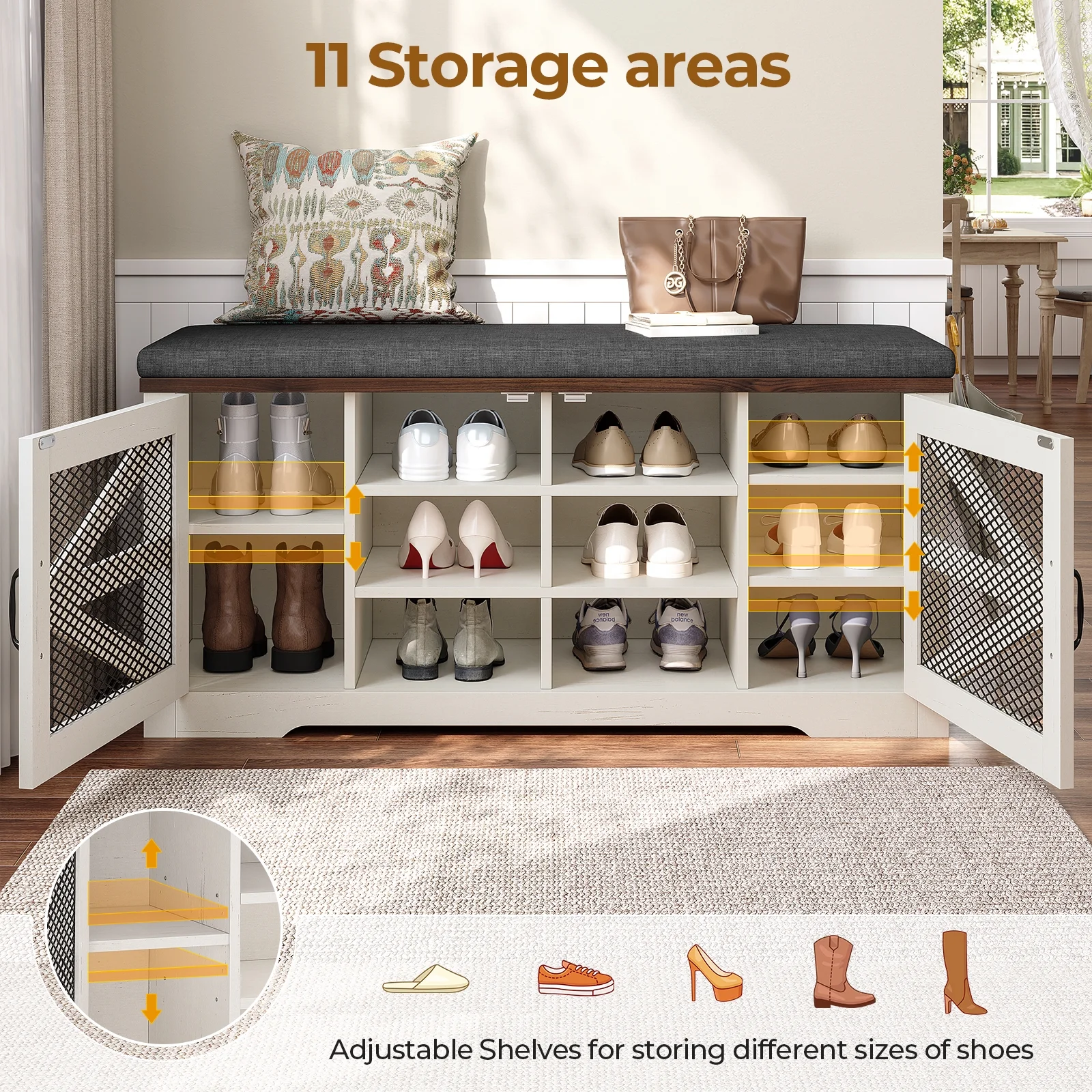 Farmhouse Storage Bench with Cushion, 31.4in Shoe Cabinet with Metal Barn Door and Half Hidden Storage Space for Entryway, Bedroom, Living Room, Old White