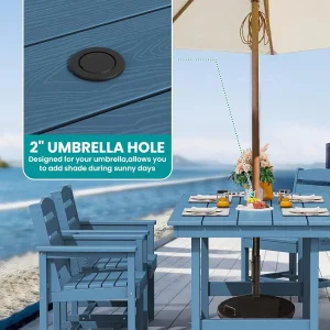SERWALL 7-Piece Patio Table Set, Outdoor HDPE Dining Furniture with Umbrella Hole, All Weather Table and Chairs for Lawn, Garden, Poolside, Aruba