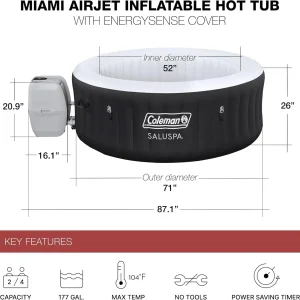 Coleman SaluSpa Miami AirJet 2 to 4 Person Round Inflatable Hot Tub Portable Outdoor Spa with 120 Soothing AirJets and Insulated Cover, Black