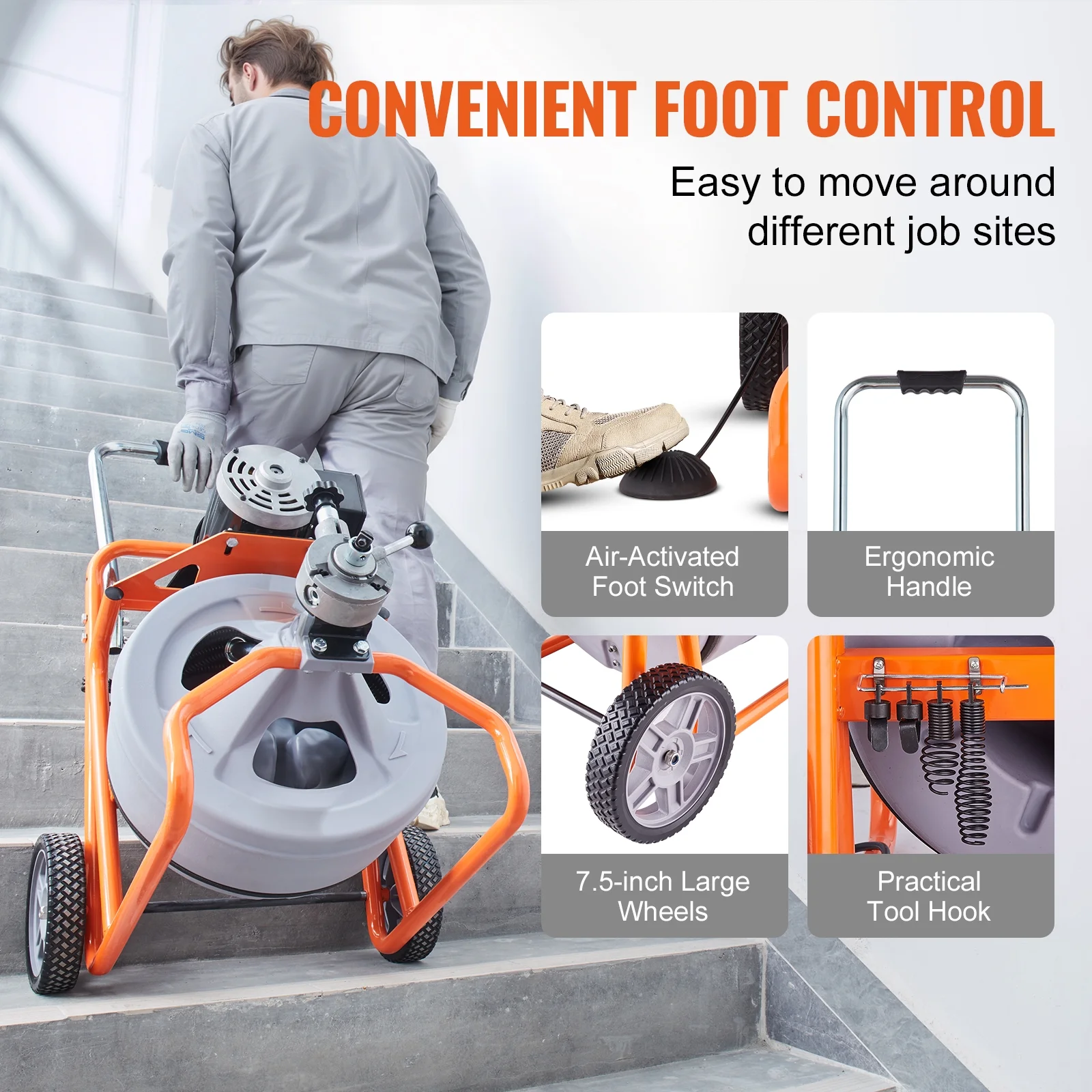 VEVOR Drain Cleaner Machine 100FT x 1/2 Inch, Auto Feed Sewer Snake Drain Auger on Wheels, Portable Drain Cleaning Machine with 8 Cutters & Air-activated Foot Switch for 2" to 4" Pipes