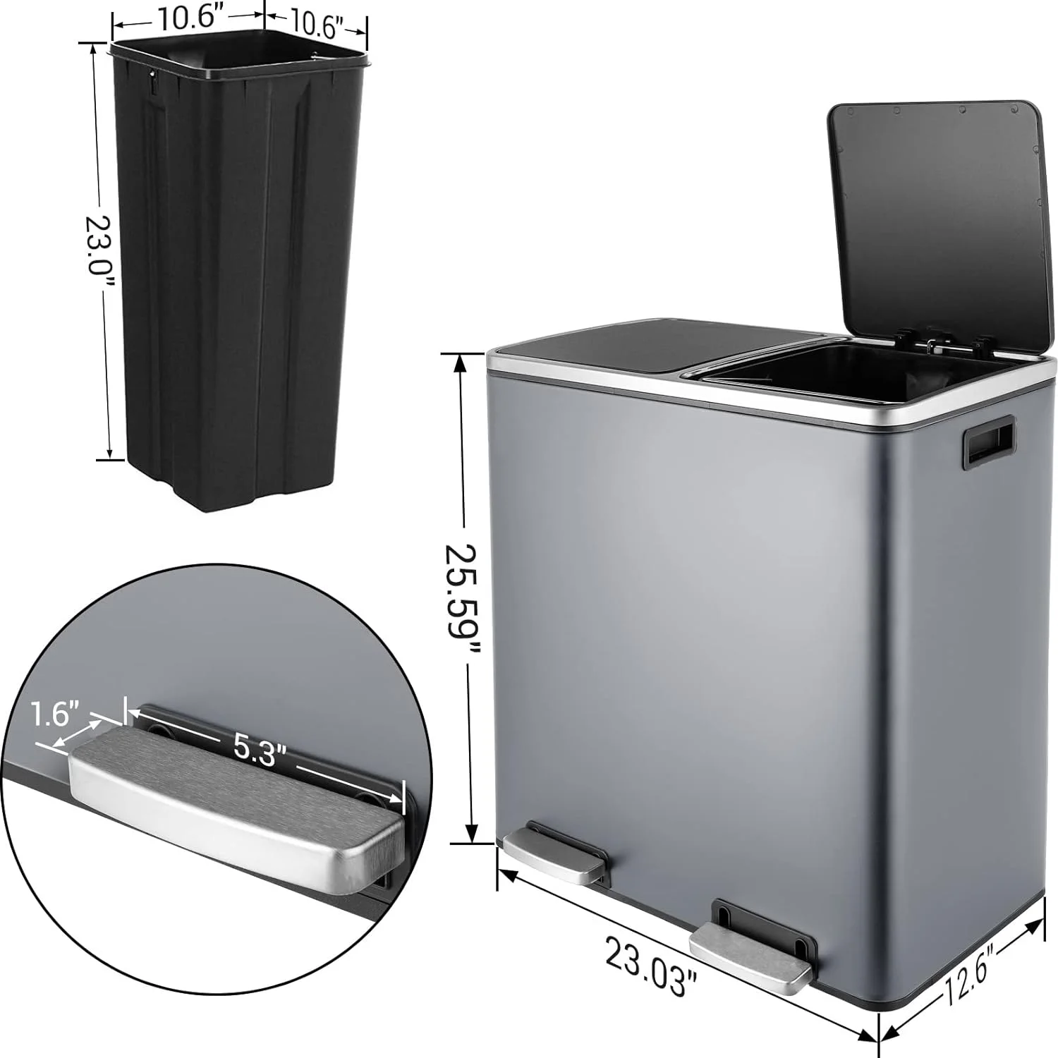 Arlopu 60 L/16 gal Dual Trash Can, Stainless Steel Garbage Can for Kitchen, Recycle Bin with Lid