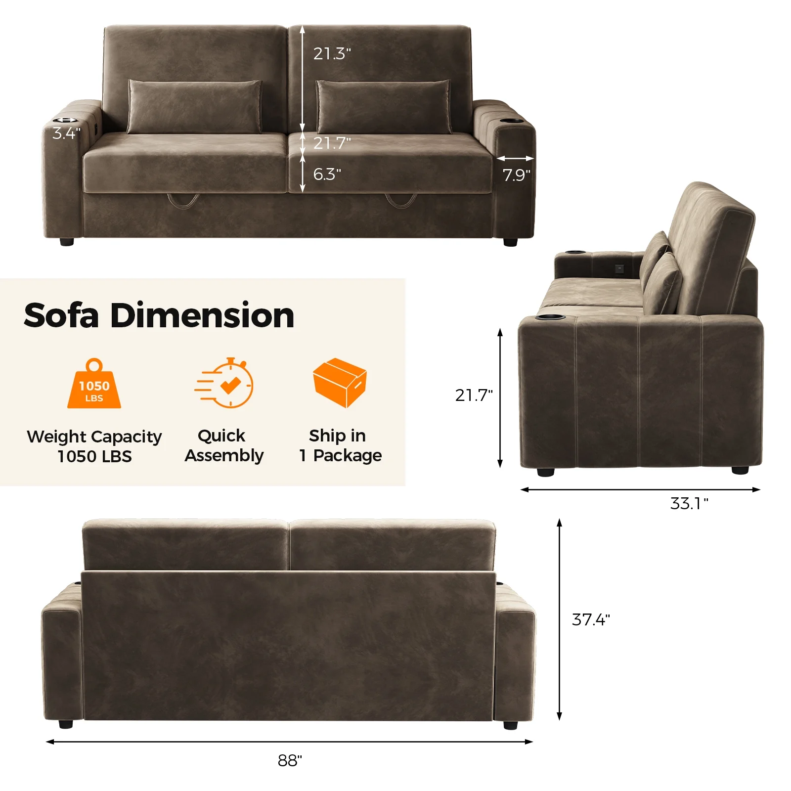 87-Large Loveseat Sofa, 3 Seater Couch with Storage, Velvet Fabric Deep Seat Sofa with Pillow& Cup Holders, Modern Comfy Sofa with USB& Type-C Ports, Home Sofa Couch for Living Room Bedroom