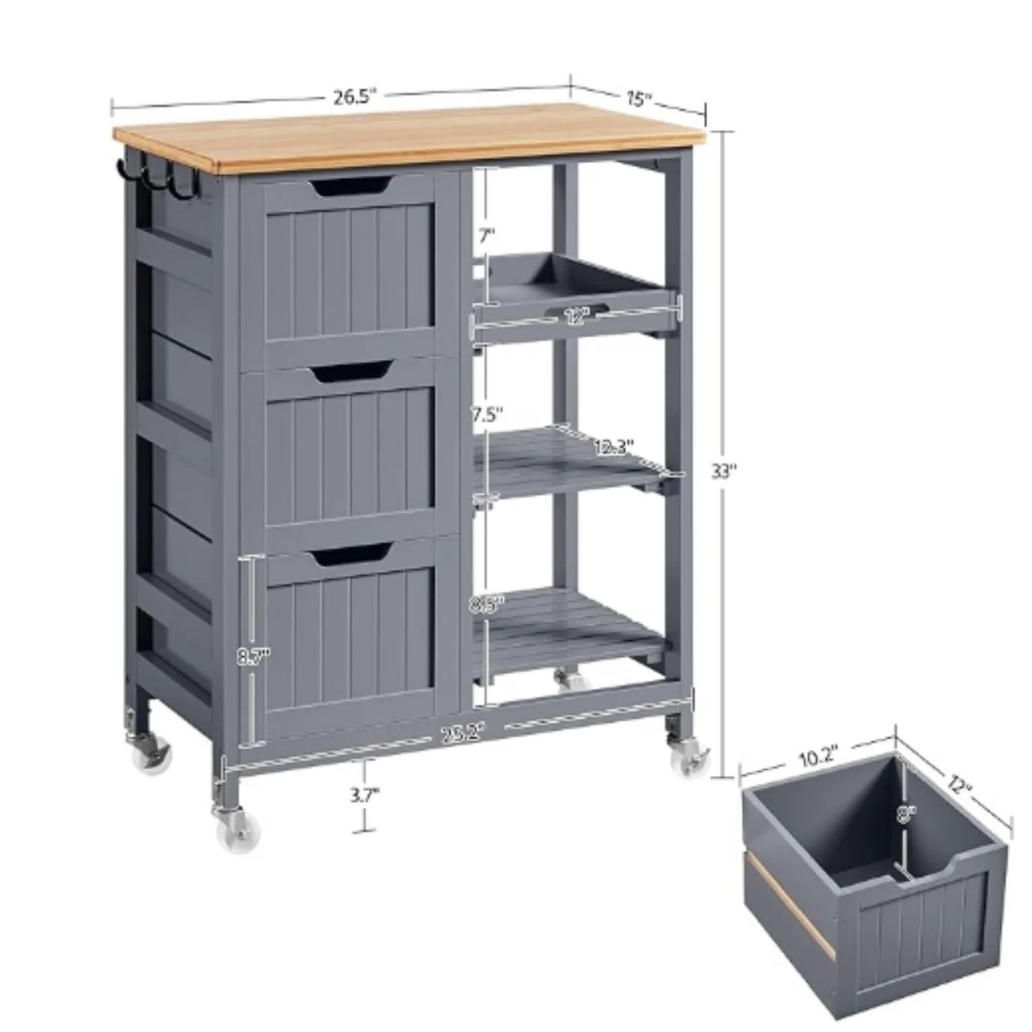 Kitchen Island Cart on Wheels with Storage, Rolling Bar Cart with Solid Wood Top and 3 Drawers, 3 Removable Shelves, Serving Utility Carts for Dining Room/Small Kitchen, Dark Gray ???