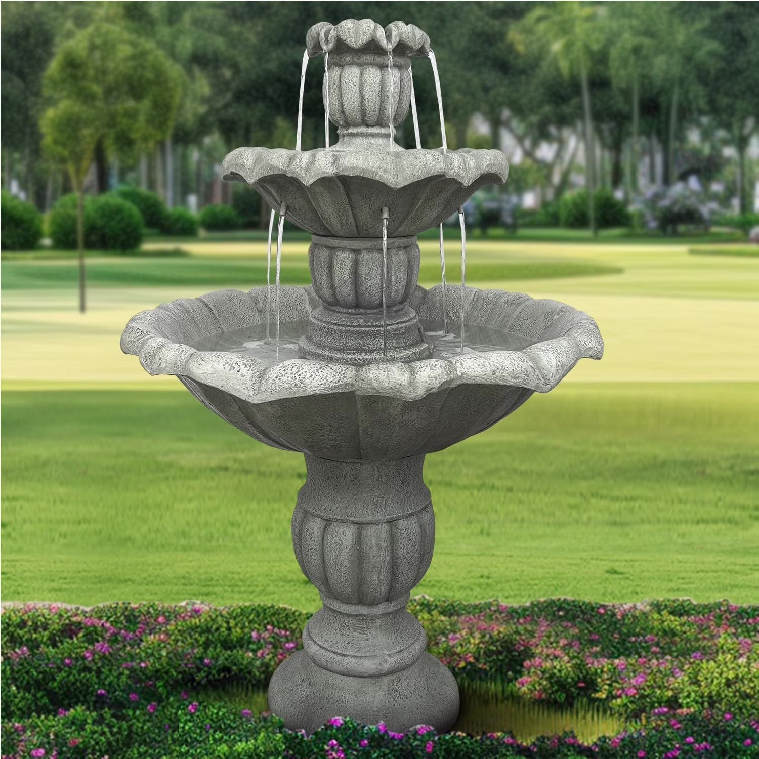 48-?H Outdoor Floor Water Fountain, 3-Tiers Concrete Water Fountain with Submersible Electric Pump - Garden Cascading Waterfall for Yard Patio Lawn Home Decor