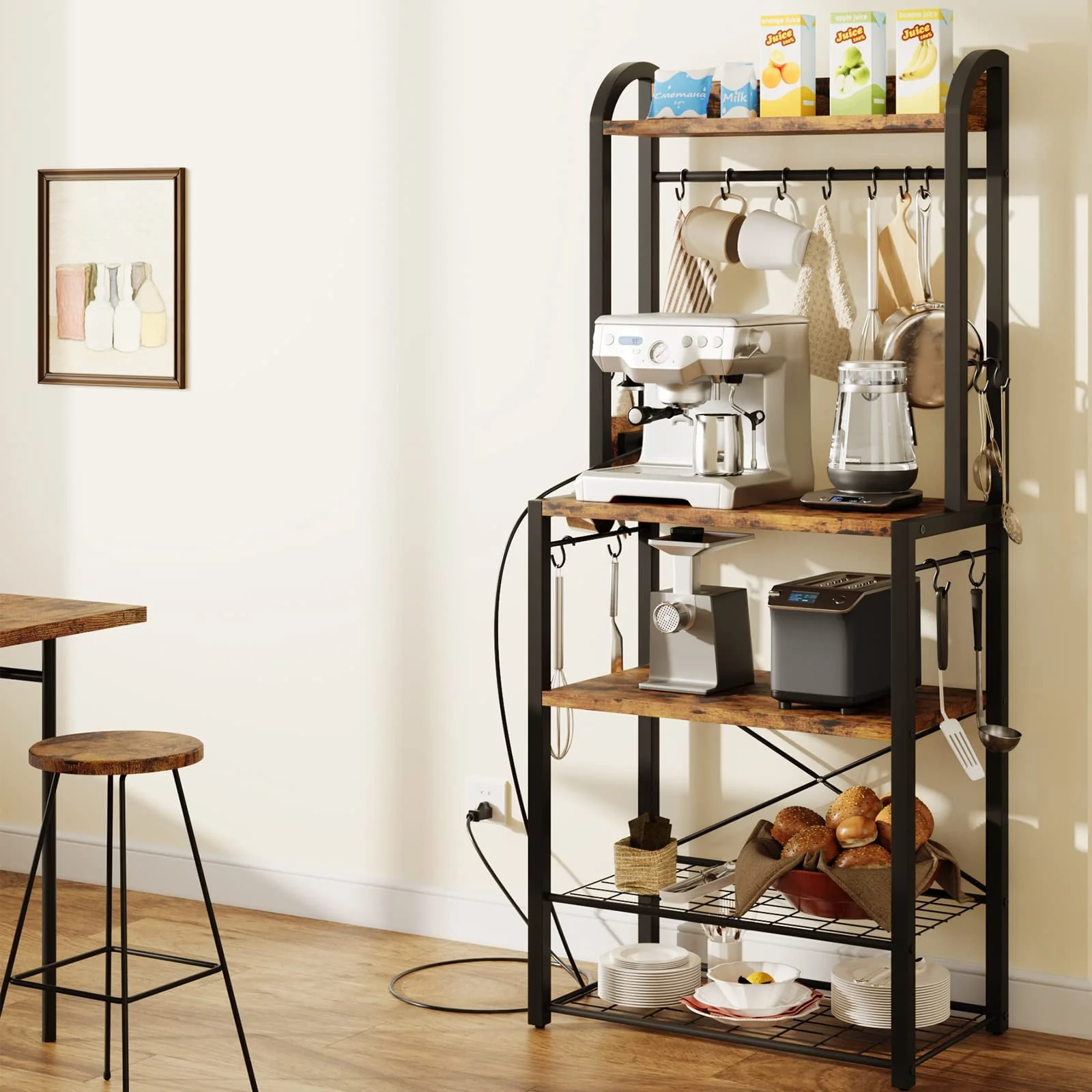 Litake Bakers Rack with Power Outlet, Industrial Microwave Stand, Coffee Bar Table Station with Metal Wire Panel, Kitchen Storage Rack with 8 Hooks, Buffet Table with Hutch, Rustic Brown