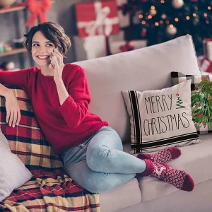 Husfou 4pcs Christmas Pillow Covers, 18x18 inch Linen Buffalo Plaid Merry Christmas Throw Pillowcase for Couch Xmas Winter Holiday Home Decorations