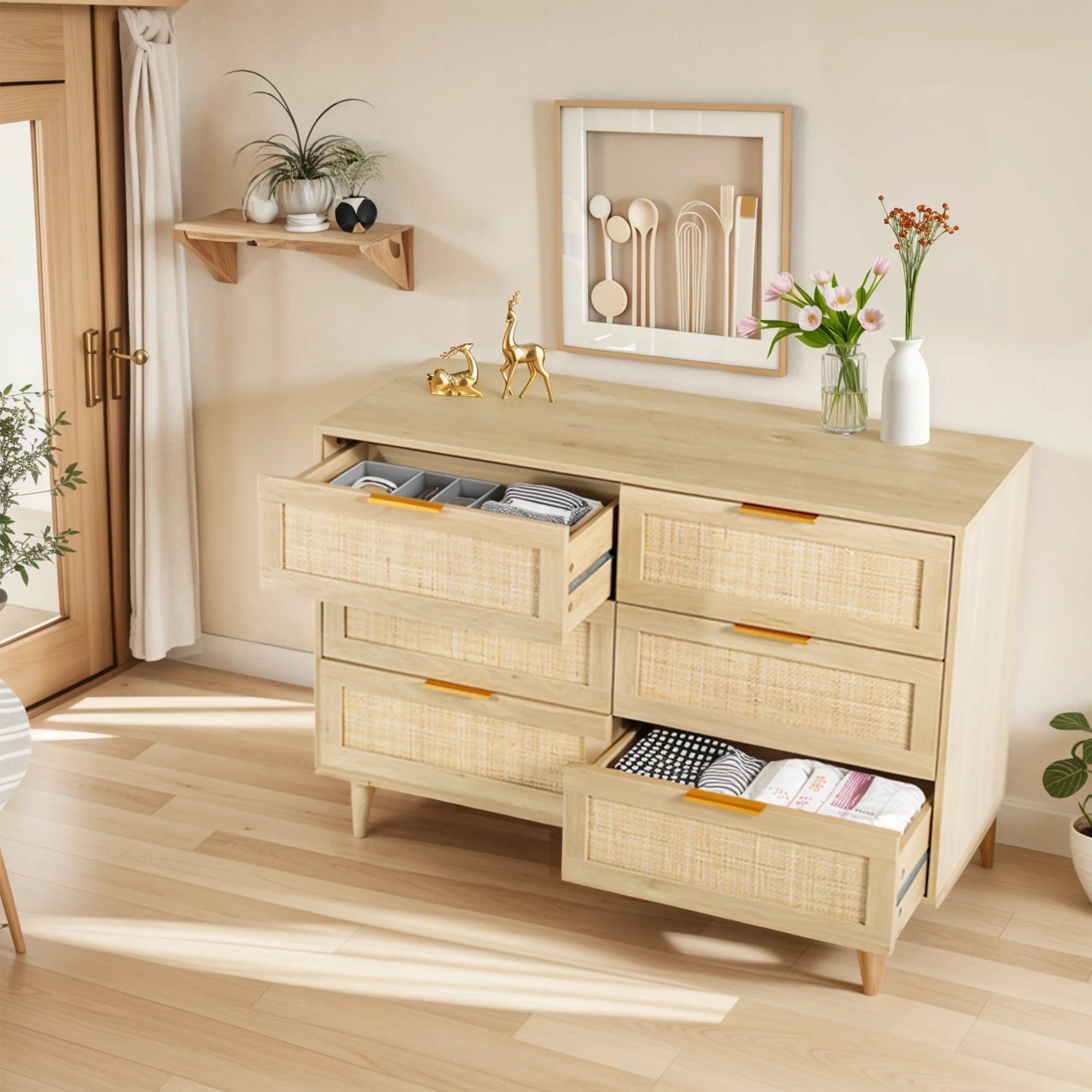 LAZZO 3 Modern Drawer Dresser Rattan, Wooden Dresser Chest of Large Storage Cabinet