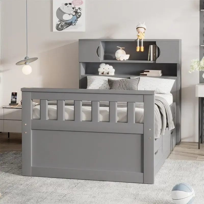 Twin/Full Size Captain Platform Bed with 4 Drawers and Storage Shelves, Solid Wood Bed Frame with Storage Bookcase Headboard