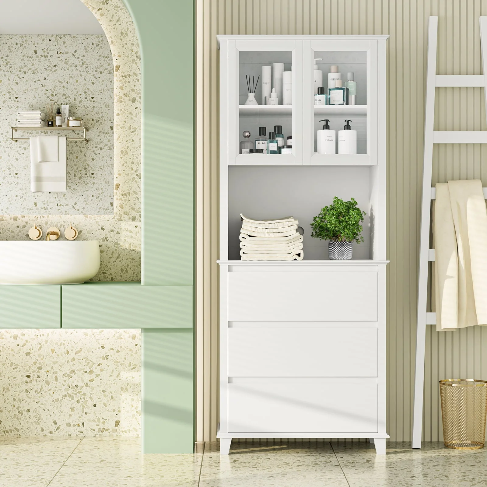 Homfa 3-Drawer Kitchen Storage Cabinet, 76.6'' Tall Cabinet with Clear Glass Door for Bathroom, White