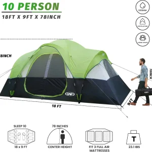 UNP Camping Tent 10-Person-Family Tents, Parties, Music Festival Tent, Big, Easy Up, 5 Large Mesh Windows, Double Layer, 2 Room, Waterproof, Weather Resistant, 18ft x 9ft x78in